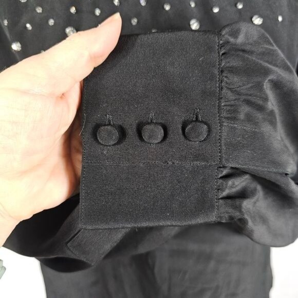 VTG Lillie Rubin Black Silk Rhinestone Blouse‎ Sz 14 Pleated High Neck Formal - Picture 3 of 9